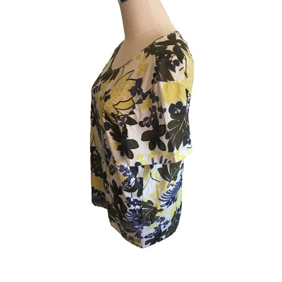 Hot Cotton Size XL Top Green Short Sleeve Plant Print Lagenlook Yellow Blue - Picture 3 of 5